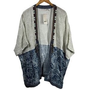 Soft Surroundings Kimono Women OS Still Water Linen Top Beaded Trim Tassel Blue